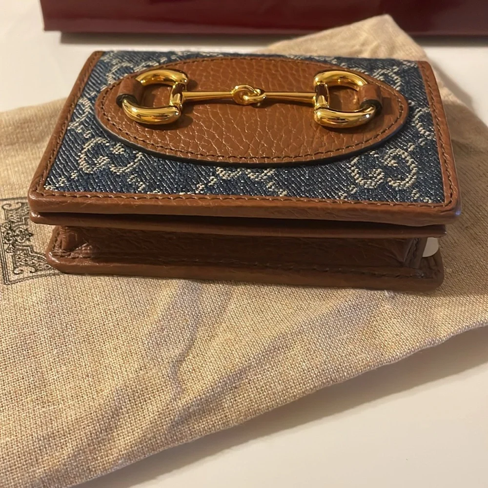 Gucci 1955 blue denim brown leather card holder - Picture 6 of 13